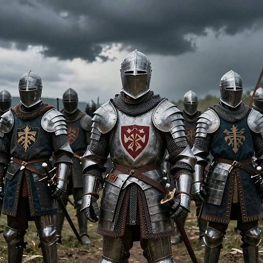 Photograph of four medieval knights in shiny silver armor with red and gold heraldic shields, standing in a grassy field under a stormy, cloud