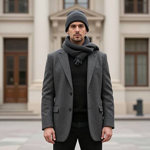 Photograph of a serious, bearded man in a gray wool blazer, black turtleneck, thick gray scarf, and matching knit beanie