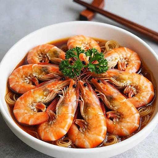 Photograph of a white bowl filled with shrimp and noodles in a savory sauce, garnished with a sprig of parsley, with chopsticks in the
