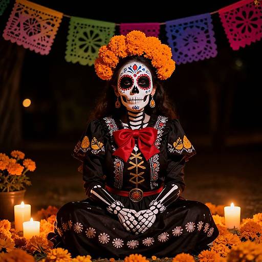 Photograph of a woman in a Day of the Dead costume, seated among orange flowers, candles, and colorful papel picado, wearing a floral head