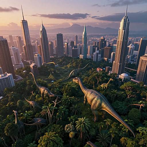 Digital artwork of a cityscape at sunset with towering skyscrapers, lush green jungle, and three large, green, dinosaur-like creatures roaming in the