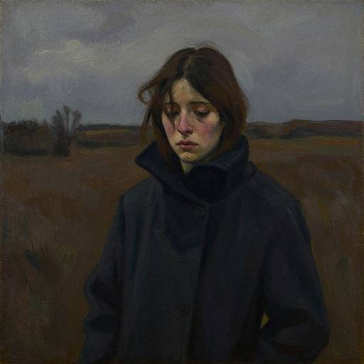 Oil painting of a somber young woman with dark hair, wearing a black coat, standing in a dimly lit, barren field under a cloudy sky
