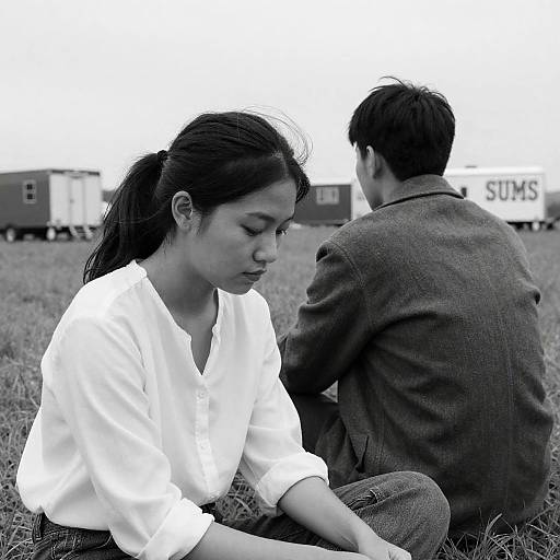 Contemplative Couple Sitting in Grassy Field