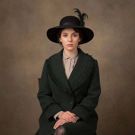 Photograph of a pale-skinned woman with dark hair, wearing a black fringed coat, lace blouse, and wide-brimmed hat with a