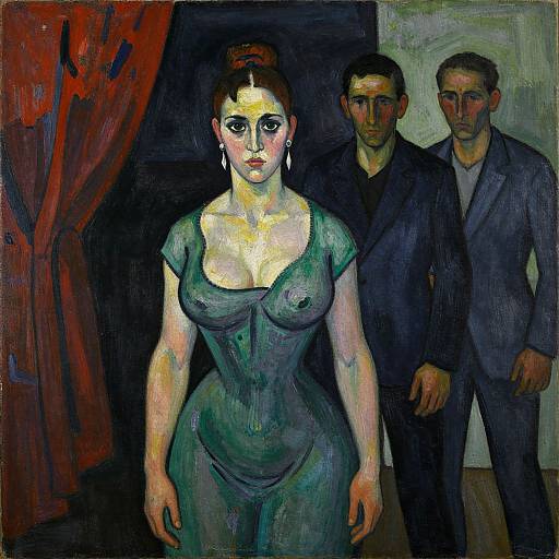 Oil painting of a woman with dark hair in a green dress, large breasts visible, standing in front of two men in suits, with a red curtain