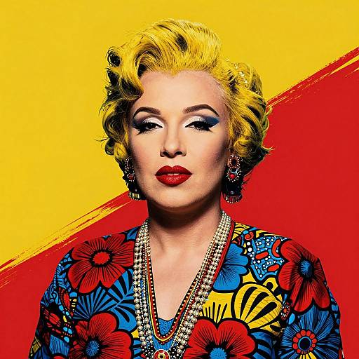 Photograph of a blonde woman with curled hair, red lips, and colorful floral blouse, set against a yellow and red background.