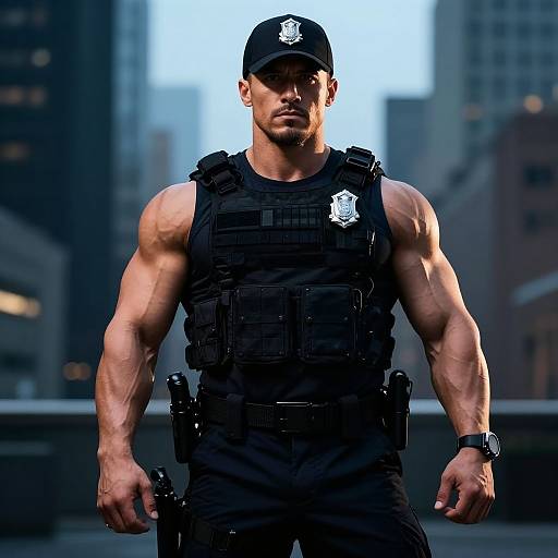 Photograph of a muscular, serious-looking male police officer in black uniform, cap, and tactical gear, standing in a cityscape at dusk.