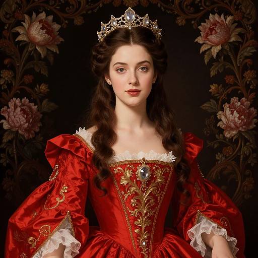 Photorealistic digital portrait of a fair-skinned, dark-haired princess in a red, ornate gown with gold embroidery, white lace trim, and