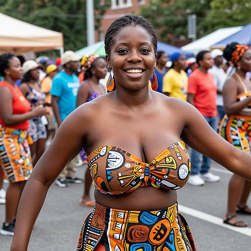 Photograph of a smiling, dark-skinned Black woman with braided hair, wearing a colorful, patterned strapless top and skirt, standing in