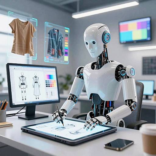 Photograph of a white, modern humanoid robot with blue accents, designing a shirt on a tablet in a bright, tech-filled office.