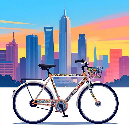 Digital illustration of a colorful, patterned bicycle with a basket, set against a vibrant city skyline at sunset.