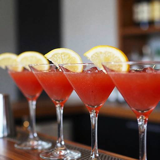 Photograph of four vibrant red margaritas with lemon slices, served in clear martini glasses, lined up on a wooden bar.