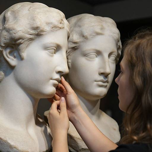 Photograph of a woman's hands gently touching a white marble statue of a classical female head, with another similar head in the background.