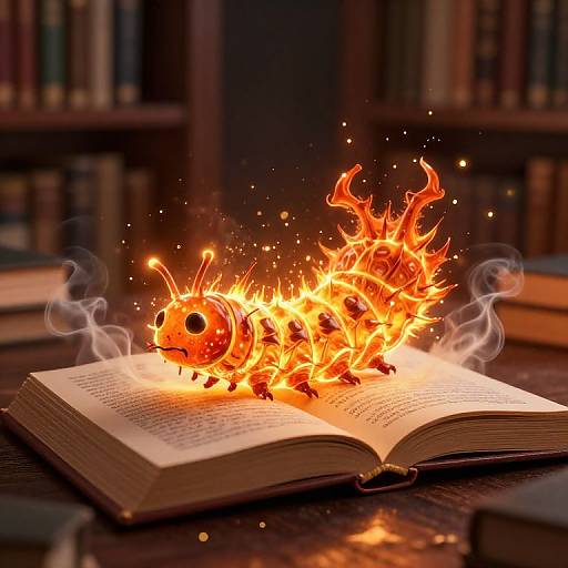 Photograph of an open book on a wooden table with two fiery, flaming Pokémon (Magikarp) emerging from the pages, surrounded by glowing em
