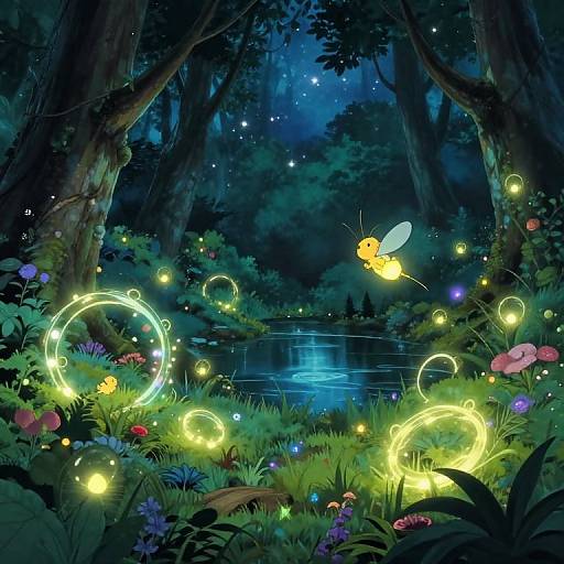 Magical forest night scene with glowing fireflies, fairy, and neon circles around flowers by a reflective lake under starry sky. Digital art.