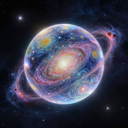 Digital artwork of a vibrant, swirling galaxy with colorful spiral arms, bright core, and surrounding nebula, set against a dark, star-filled space background