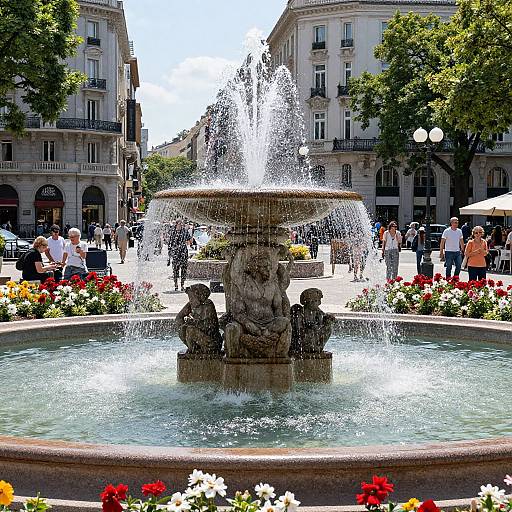 Ornate City Fountain with Bustling Square