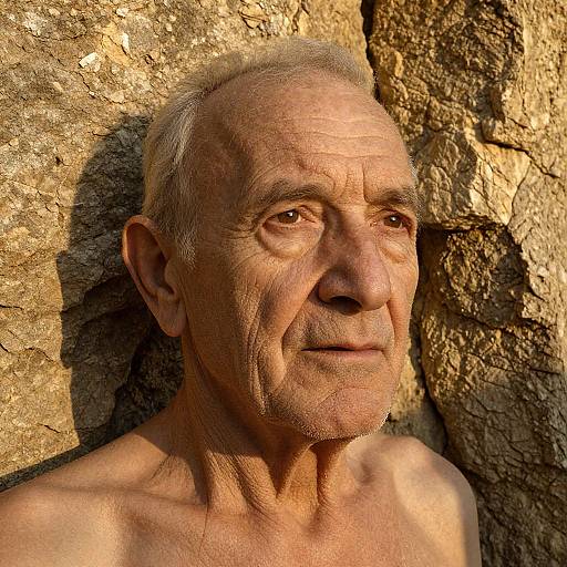 Photograph of an elderly man with sunlit, wrinkled skin, short grey hair, and bare shoulders, leaning against a rough, sunlit rock