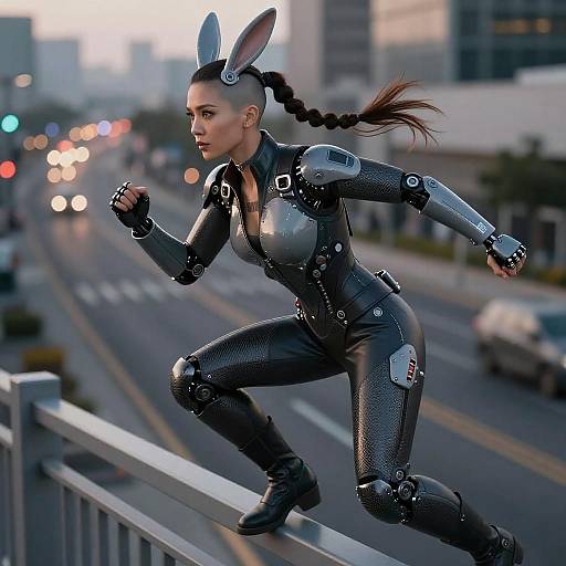 Biomechanic Courier Squatting on Expressway Railing