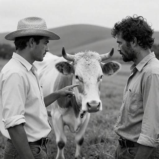 Vintage Photograph of Two Men and a Cow