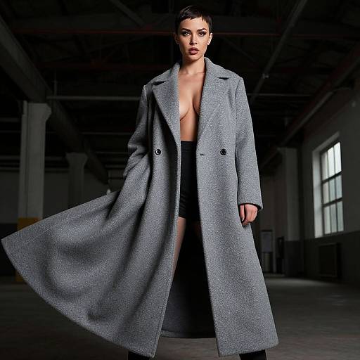 Photograph of a confident woman with short black hair, wearing an open gray overcoat revealing a bare chest, standing in a dimly lit, industrial