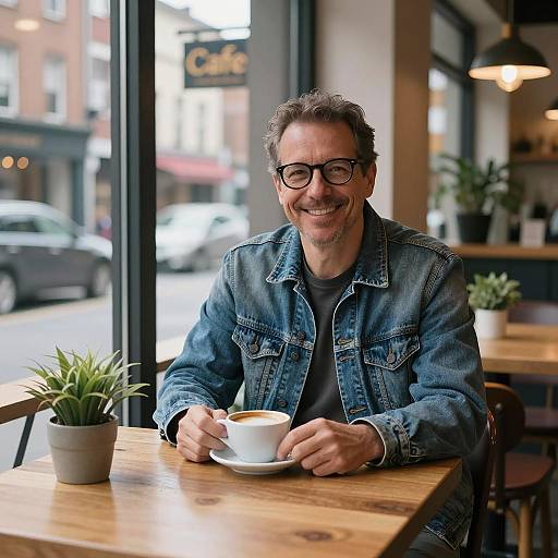Smiling Man Enjoying Coffee in Urban Cafe