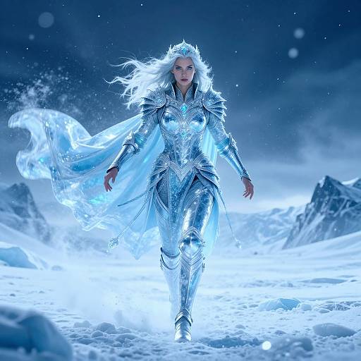 Digital art of a white-haired, blue-eyed woman in glowing silver ice armor, walking through a snowy, mountainous landscape at night.