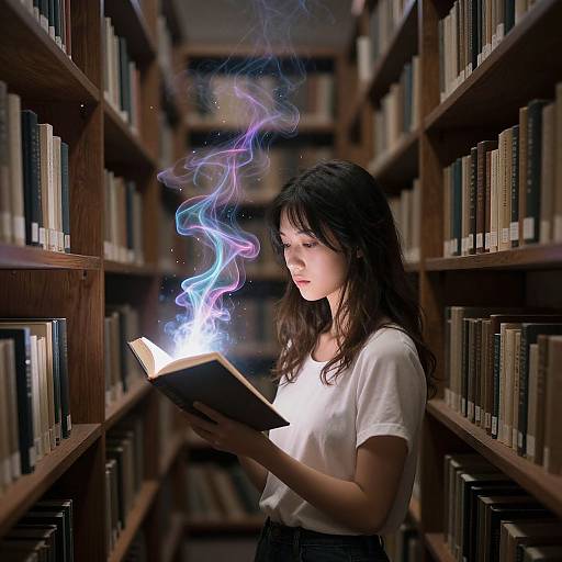 Photograph of a young woman with wavy black hair, white shirt, reading a glowing book emitting blue-purple magical smoke, surrounded by wooden booksh