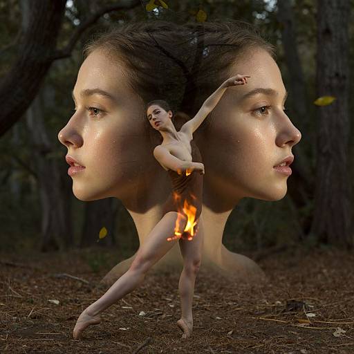 Photographic surrealism: small nude ballerina with fire pose between two large, mirrored female faces in forest, dark trees in background.