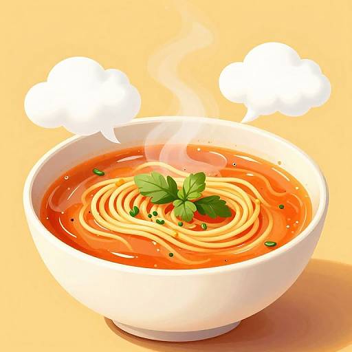 Digital illustration of a white bowl filled with steaming hot ramen noodles, garnished with green herbs and small green peas, against a bright orange background with