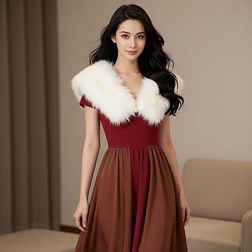 Photograph of an Asian woman with long black hair, wearing a red dress with white fur trim, standing in a beige room.