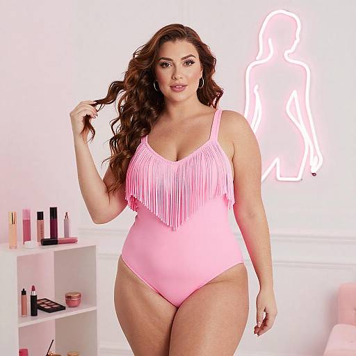 Curvy Woman in Pink Swimsuit with Neon Silhouette