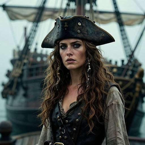 Photograph of a stern-faced woman with wavy brown hair, wearing a black pirate hat and vest, standing in front of a large, weathered