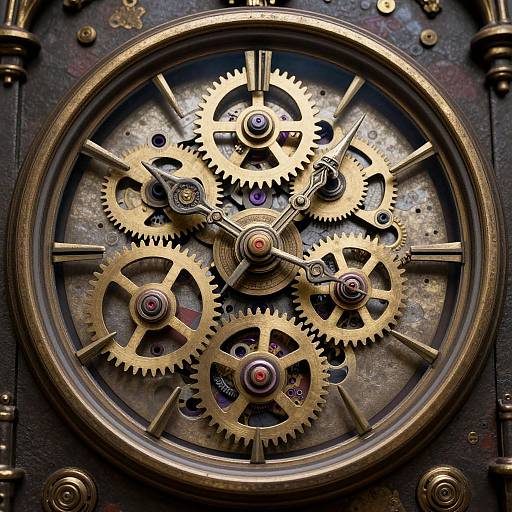 Close-up photograph of intricate mechanical clock gears with golden cogs, purple jewels, and silver accents, set against a dark, textured background.