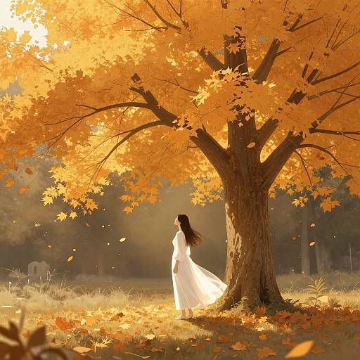 Photograph of a woman in a flowing white dress standing under a sunlit, vibrant orange autumn tree, surrounded by falling leaves.