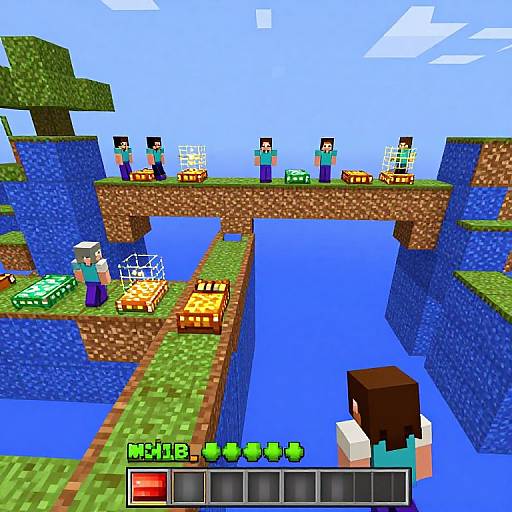 Pixel art screenshot of Minecraft: Overworld, featuring blue water, grassy islands, bridges, and character avatars, with inventory and action bar at
