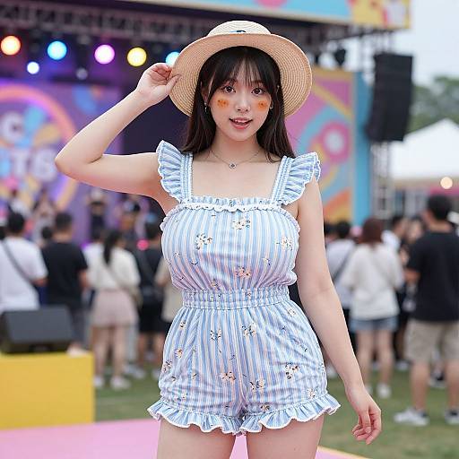 Photograph of an Asian woman with fair skin, wearing a straw hat, white striped romper with floral accents, smiling at a colorful outdoor event with