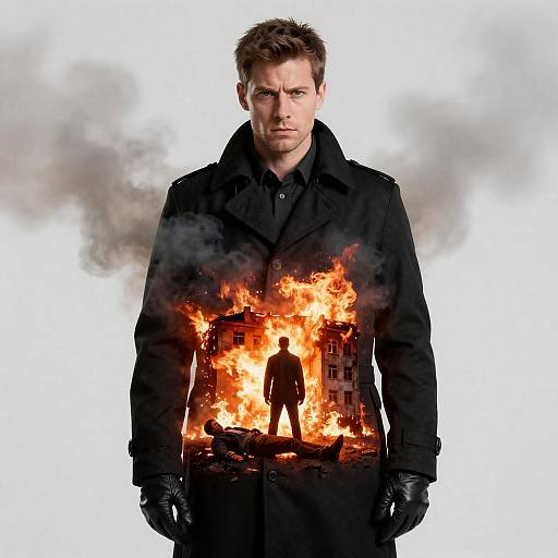 Dramatic Man with Fiery Explosion Overlay