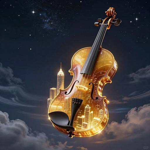 CGI image of a glowing golden violin with cityscape lights on its surface, floating in a starry night sky with clouds.