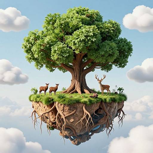 Digital illustration of a floating island with a large, leafy tree, three deer, and visible roots, set against a bright blue sky with fluffy white