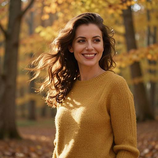 Photograph of a smiling woman with long brown hair, wearing a yellow knitted sweater, standing in a sunlit autumn forest.