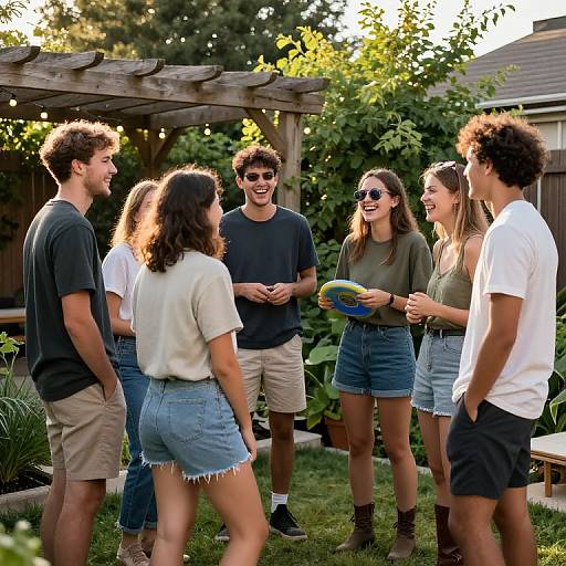 Photograph of six young adults, casually dressed in jeans and t-shirts, laughing and chatting outdoors under a wooden pergola on a sunny day.