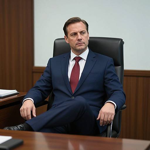 Photograph of a serious-looking man in a dark navy suit, white shirt, and red tie, seated in a black leather office chair, with a