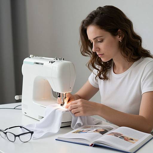 Woman Sewing with Modern Machine