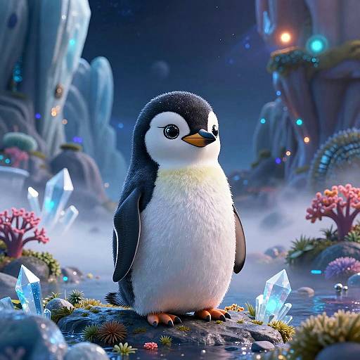 Digital illustration of an adorable, fluffy, black-and-white penguin standing on a rocky, crystal-laden, enchanted forest path at night.