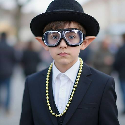 Photograph of a young boy with pointed ears, wearing a black hat, oversized black glasses, black suit, white shirt, gold chain, and standing