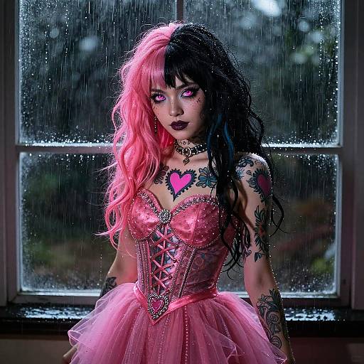 Gothic woman with pink and black hair, purple eyes, and heart tattoos wears pink corset and tulle dress, standing in rainy window.