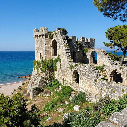 Photograph of a sunlit, ancient stone castle with arched windows and turrets, overlooking a clear blue ocean and sandy beach, surrounded by lush