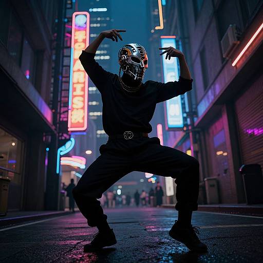 Neon-lit urban alleyway photograph: Silhouetted masked figure in black clothing, crouching with arms raised, glowing neon signs and