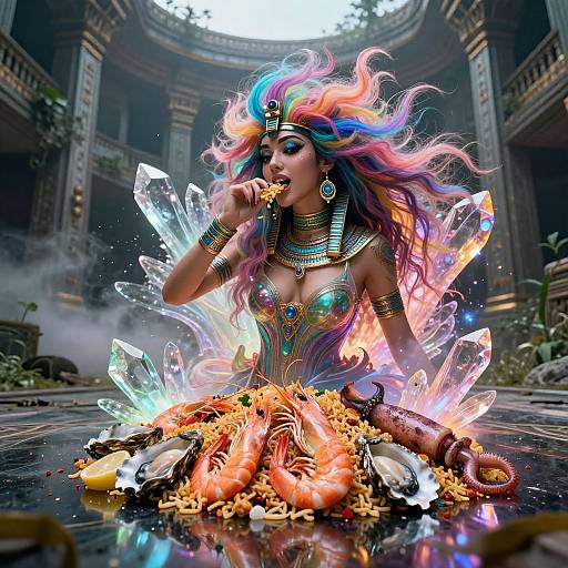 Digital artwork: Vibrant, rainbow-haired woman with golden jewelry and crystal wings, eating shrimp from a fiery offering in a mystical, ancient temple.